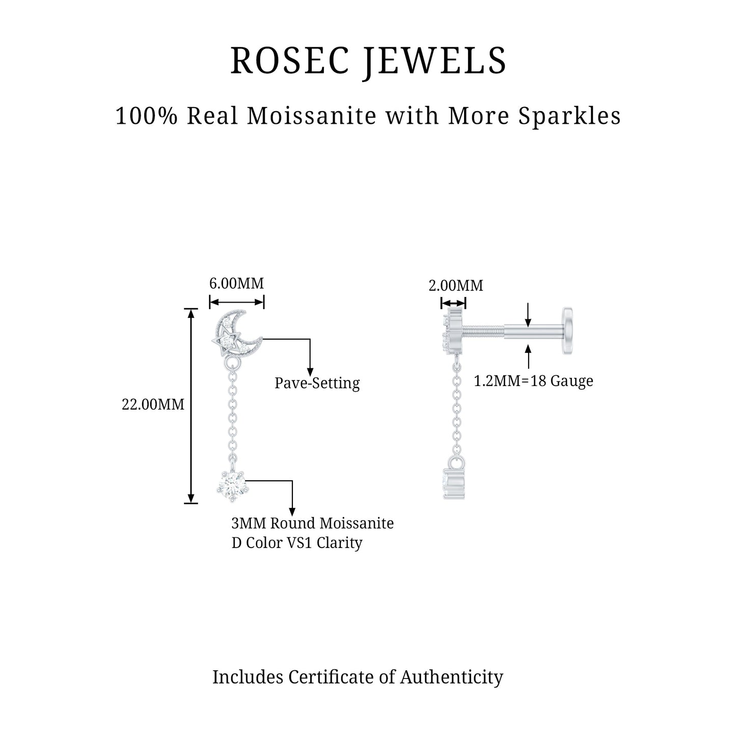 Moissanite Celestial Chain Drop Earring for Helix Piercing