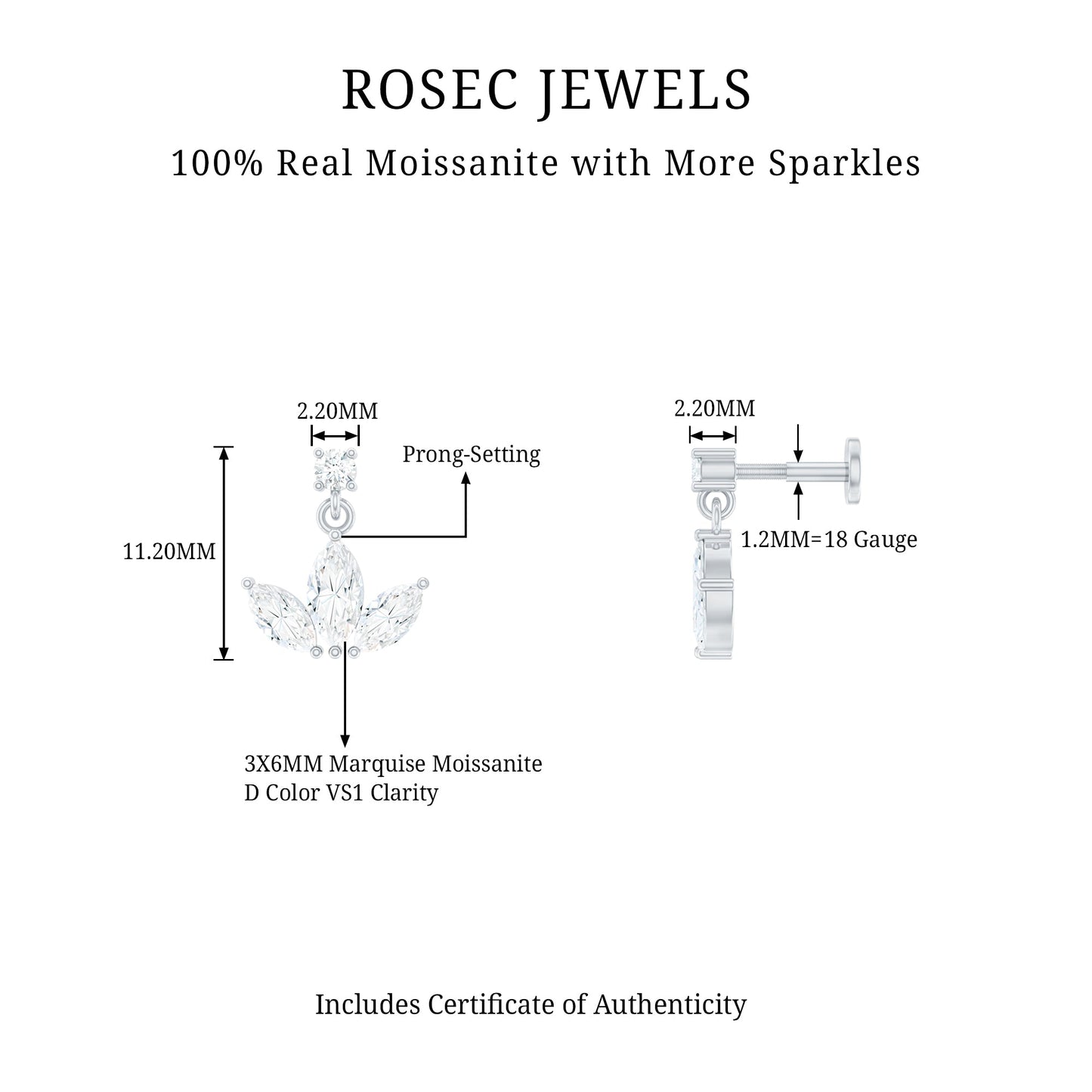 Marquise Cut Moissanite Lotus Flower Drop Helix Earring