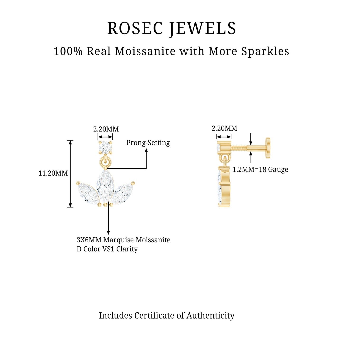 Marquise Cut Moissanite Lotus Flower Drop Helix Earring