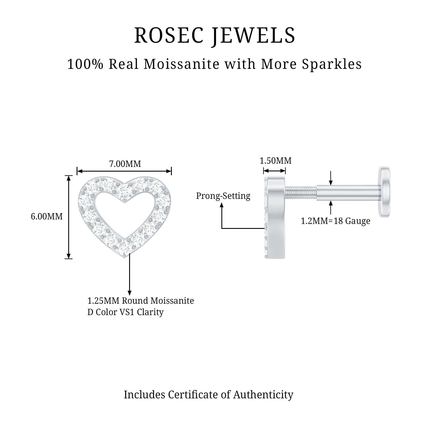 Certified Moissanite Open Heart Earring for Helix Piercing