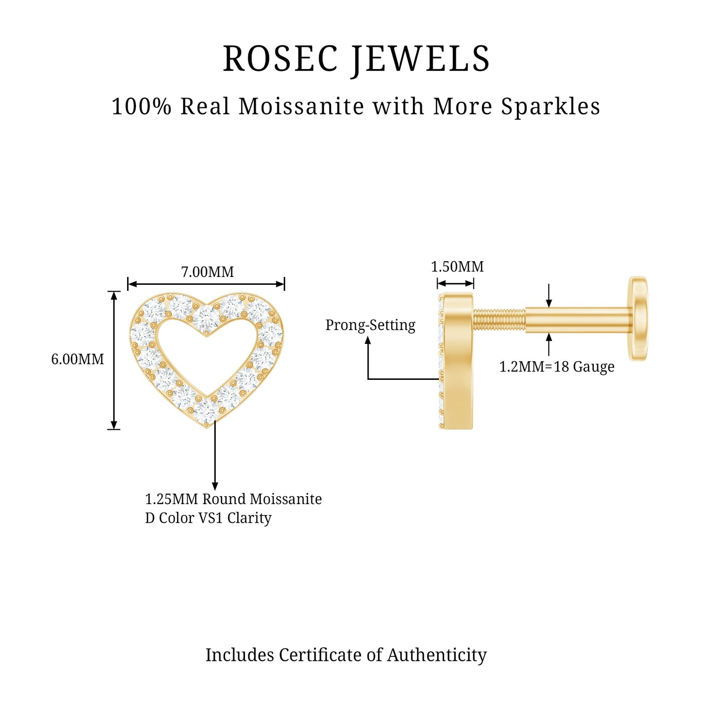 Certified Moissanite Open Heart Earring for Helix Piercing