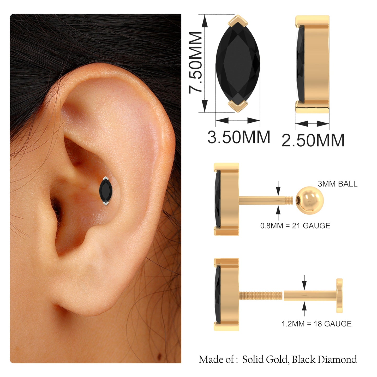 Natural 0.74 Carat Marquise Shape Black Onyx Conch Earring
