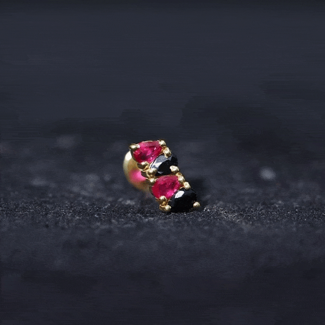 Pear Cut Ruby and Black Onyx Bar Earring for Helix Piercing
