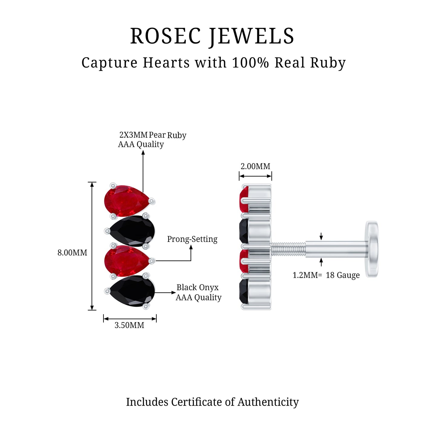 Pear Cut Ruby and Black Onyx Bar Earring for Helix Piercing