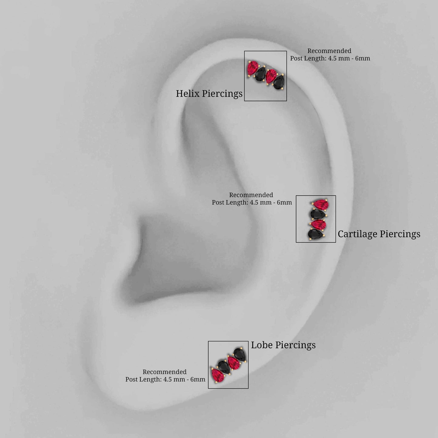 Pear Cut Ruby and Black Onyx Bar Earring for Helix Piercing