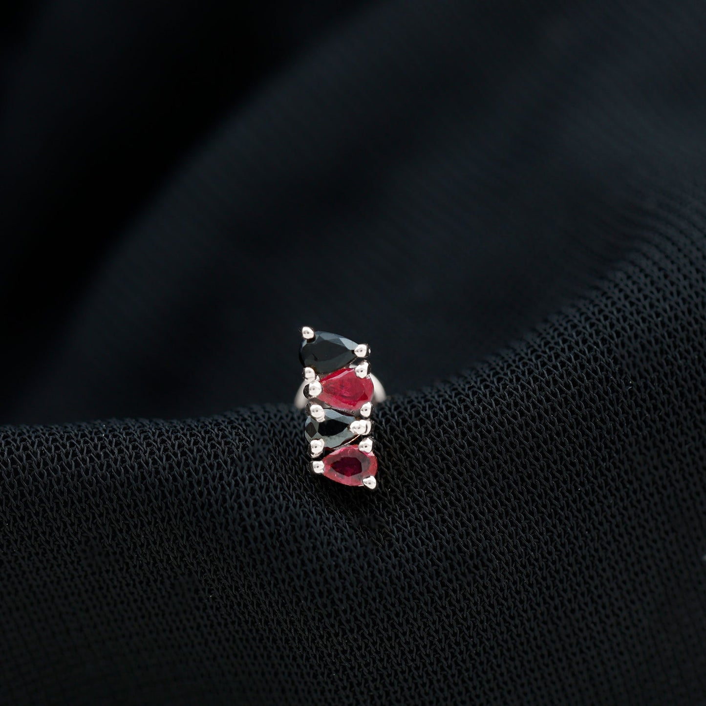 Pear Cut Ruby and Black Onyx Bar Earring for Helix Piercing