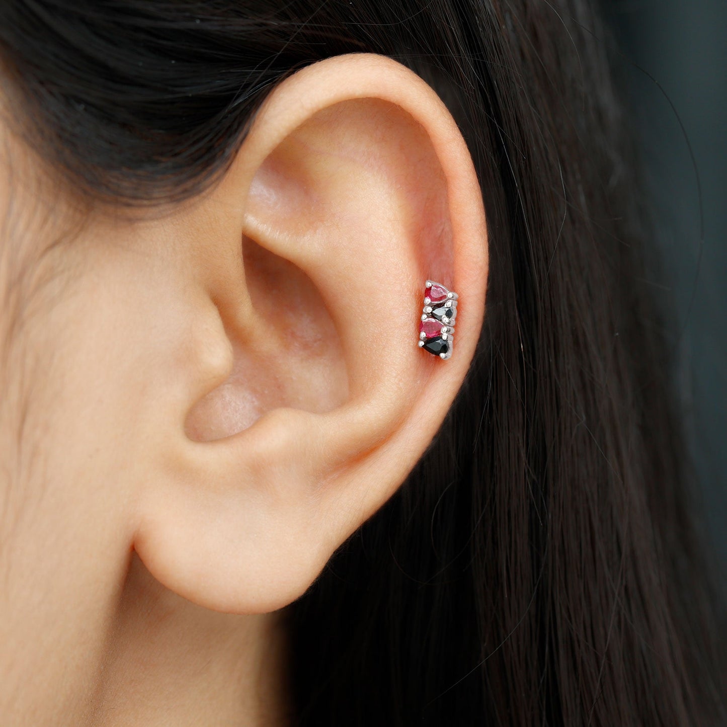 Pear Cut Ruby and Black Onyx Bar Earring for Helix Piercing