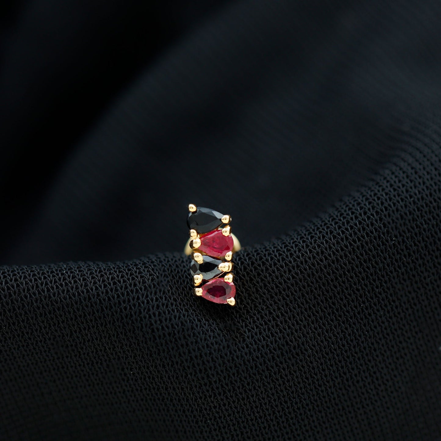 Pear Cut Ruby and Black Onyx Bar Earring for Helix Piercing