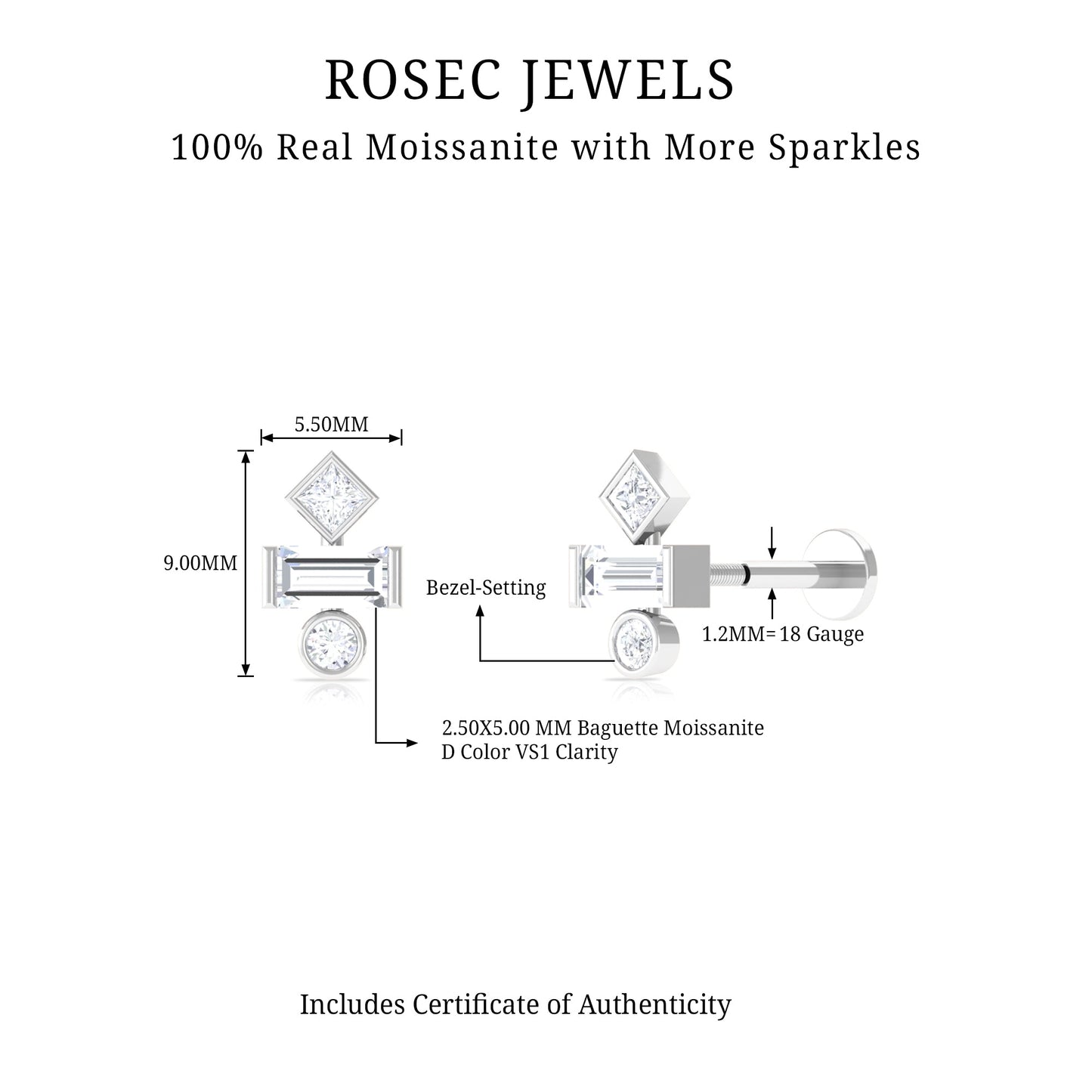 Certified Moissanite Three Stone Earring for Tragus Piercing