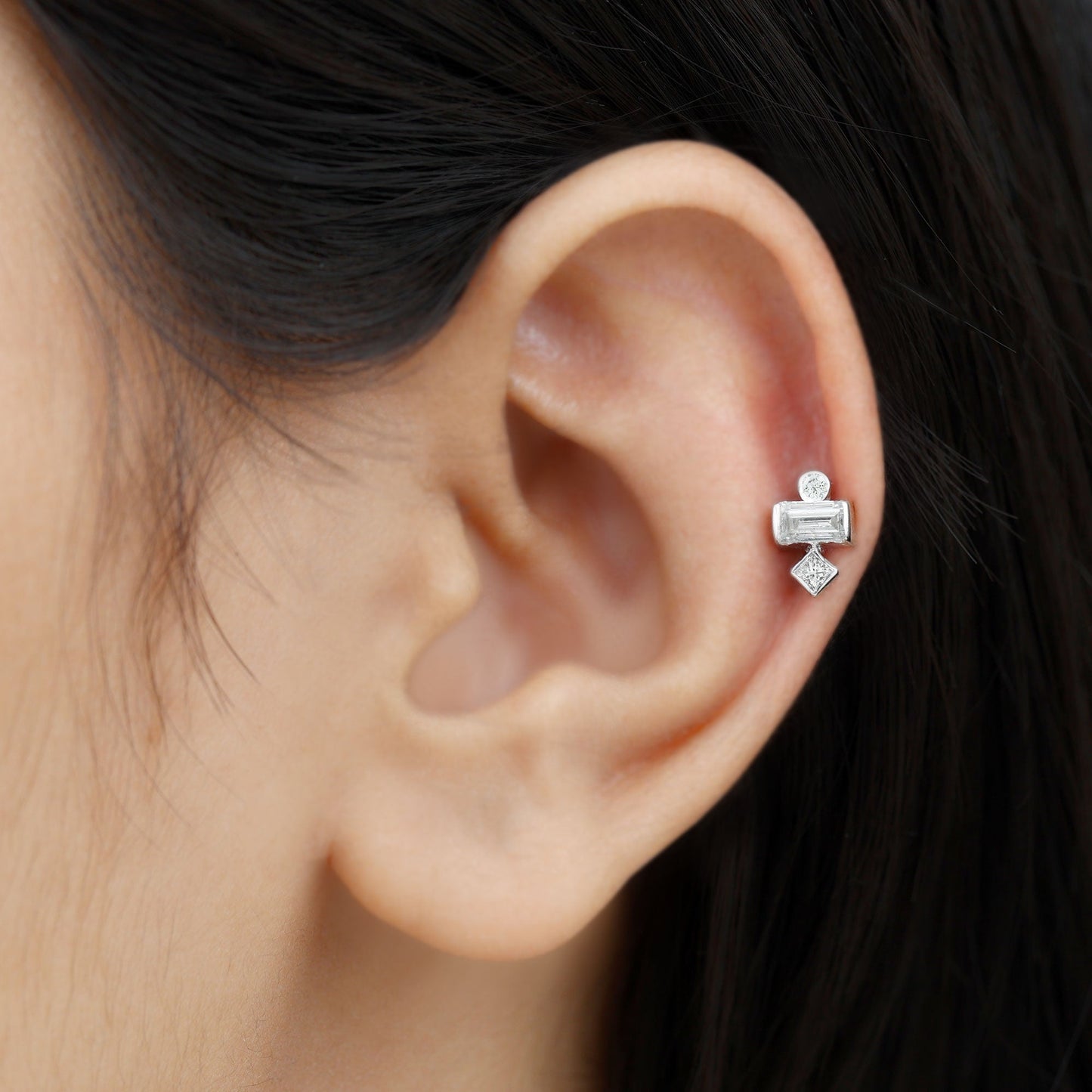 Certified Moissanite Three Stone Earring for Tragus Piercing