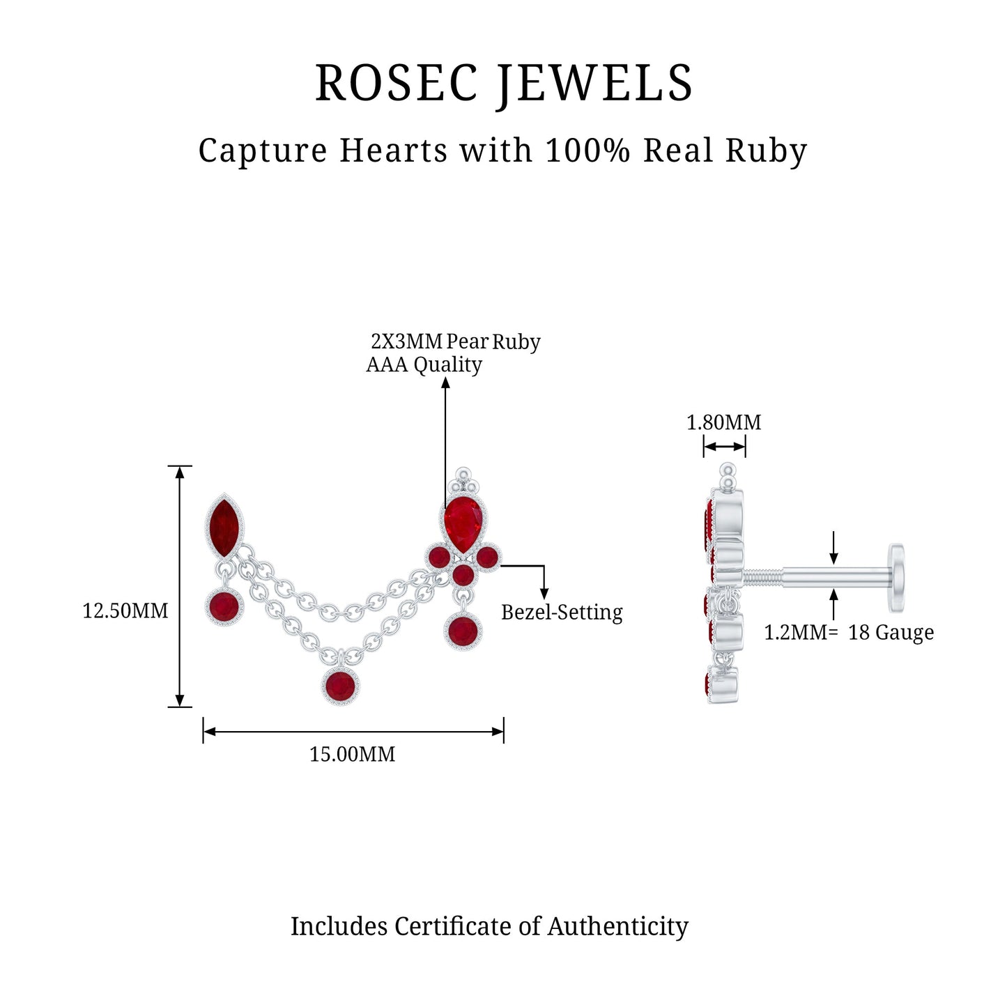 Natural Ruby Double Piercing Earring with Dangling Chain