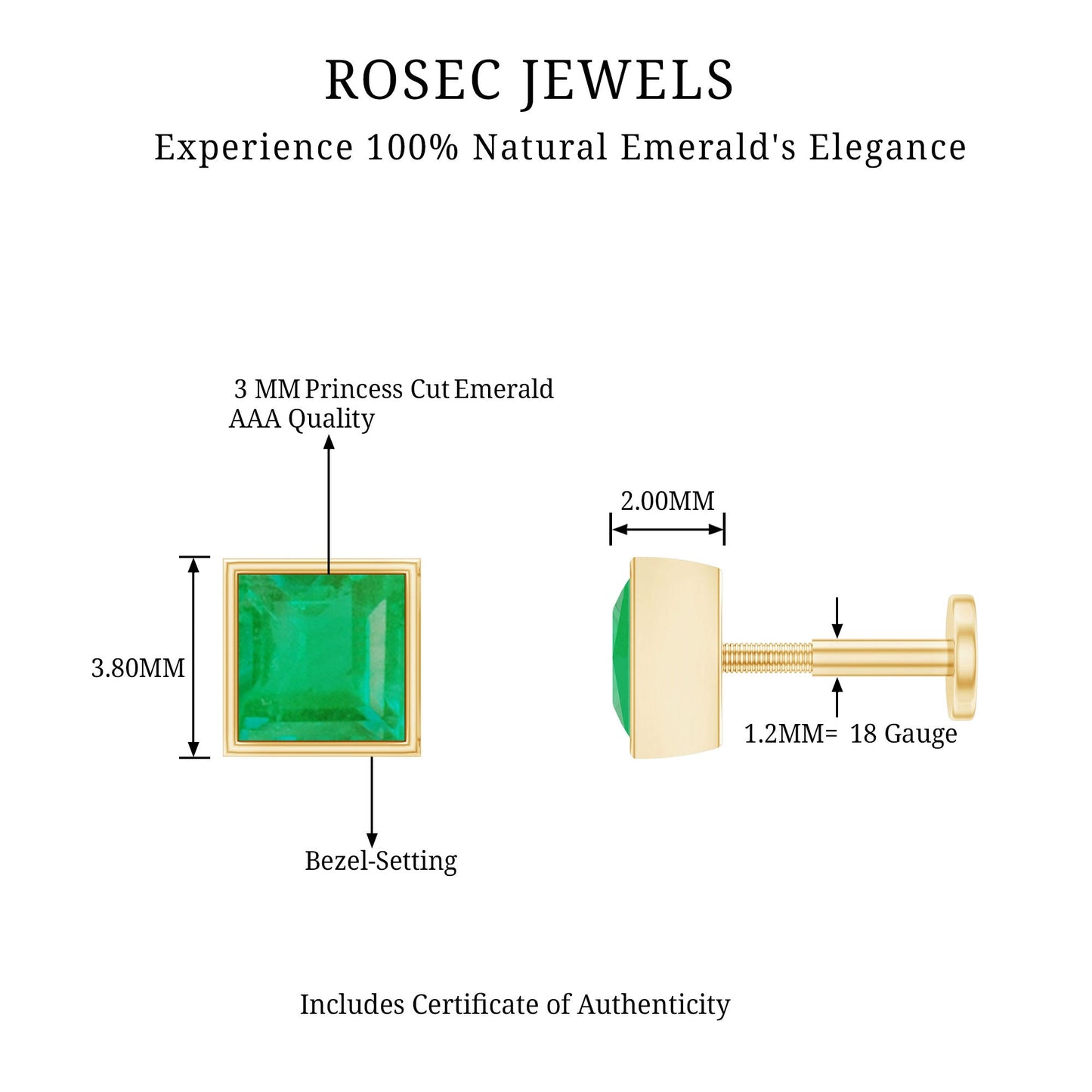 Princess Cut Emerald Helix Earring in Bezel Setting
