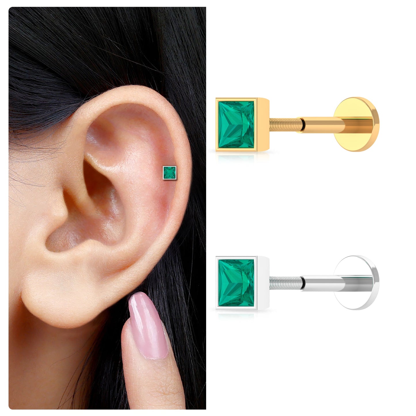 Princess Cut Emerald Helix Earring in Bezel Setting
