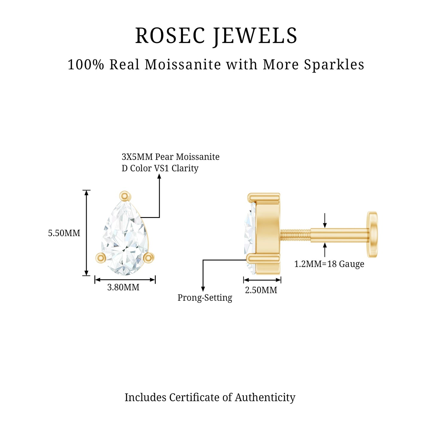 Pear Shape Moissanite Solitaire Conch Earring