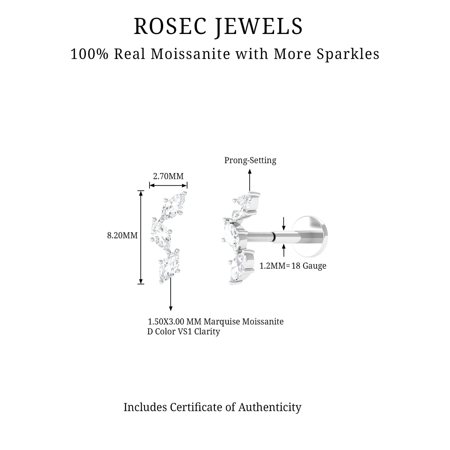 Marquise Cut Moissanite 3 Stone Tragus Earring
