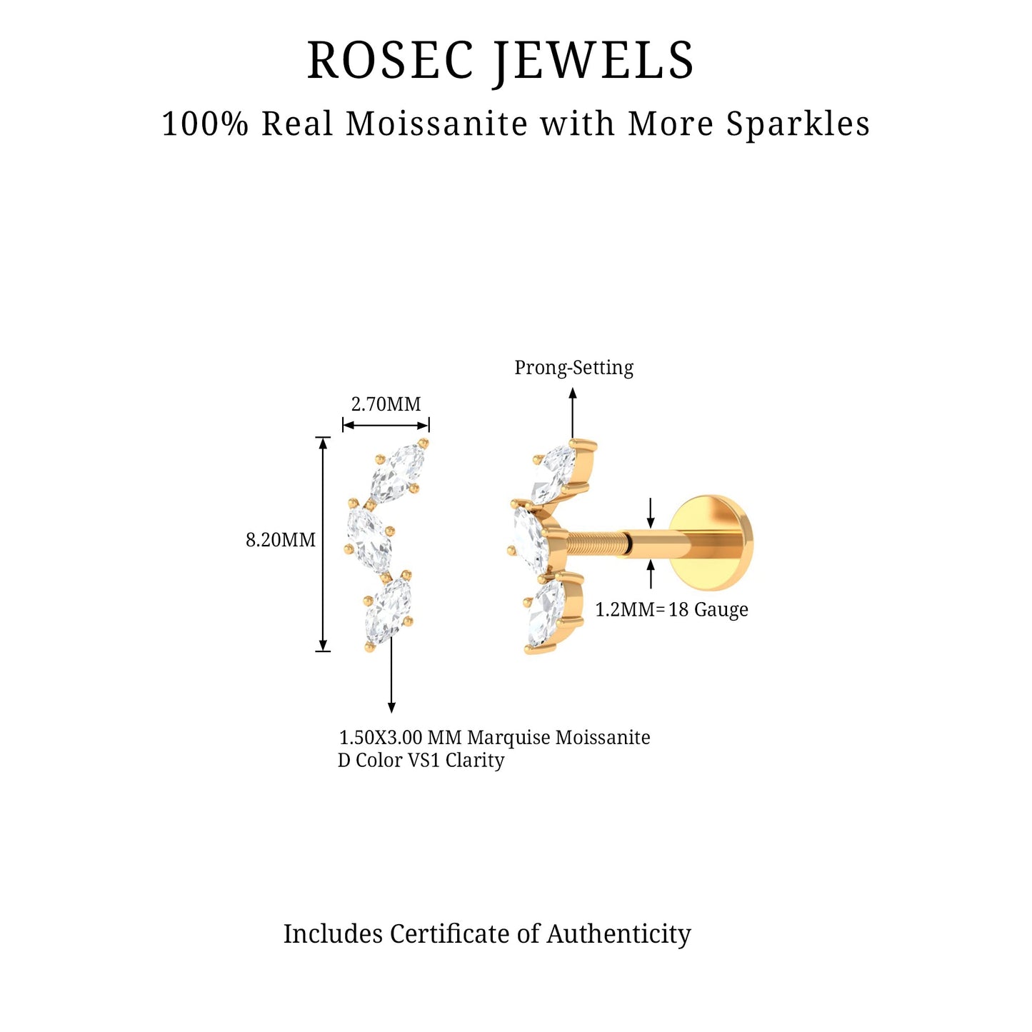 Marquise Cut Moissanite 3 Stone Tragus Earring