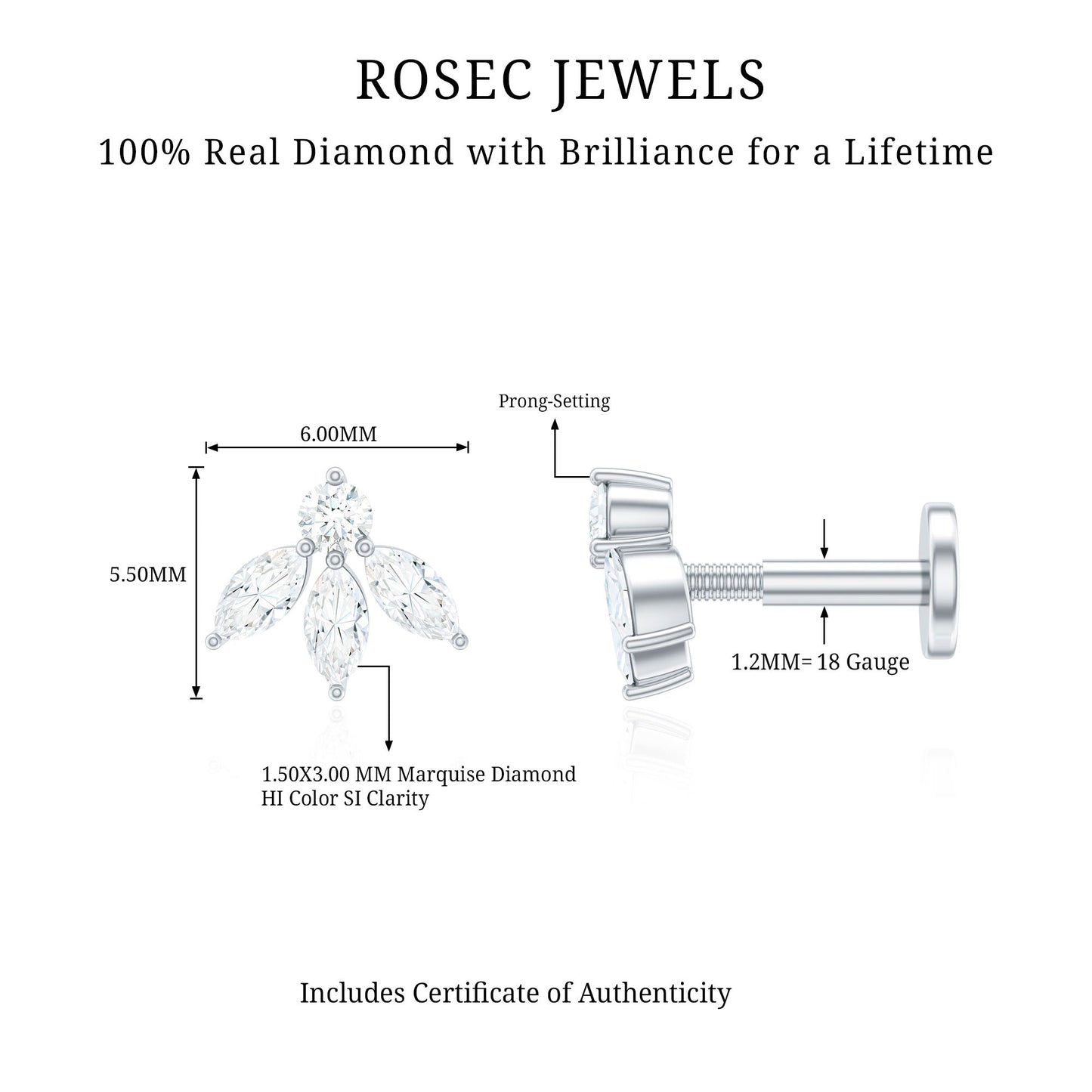 Marquise Shape Diamond Leaf Earring for Helix Piercing