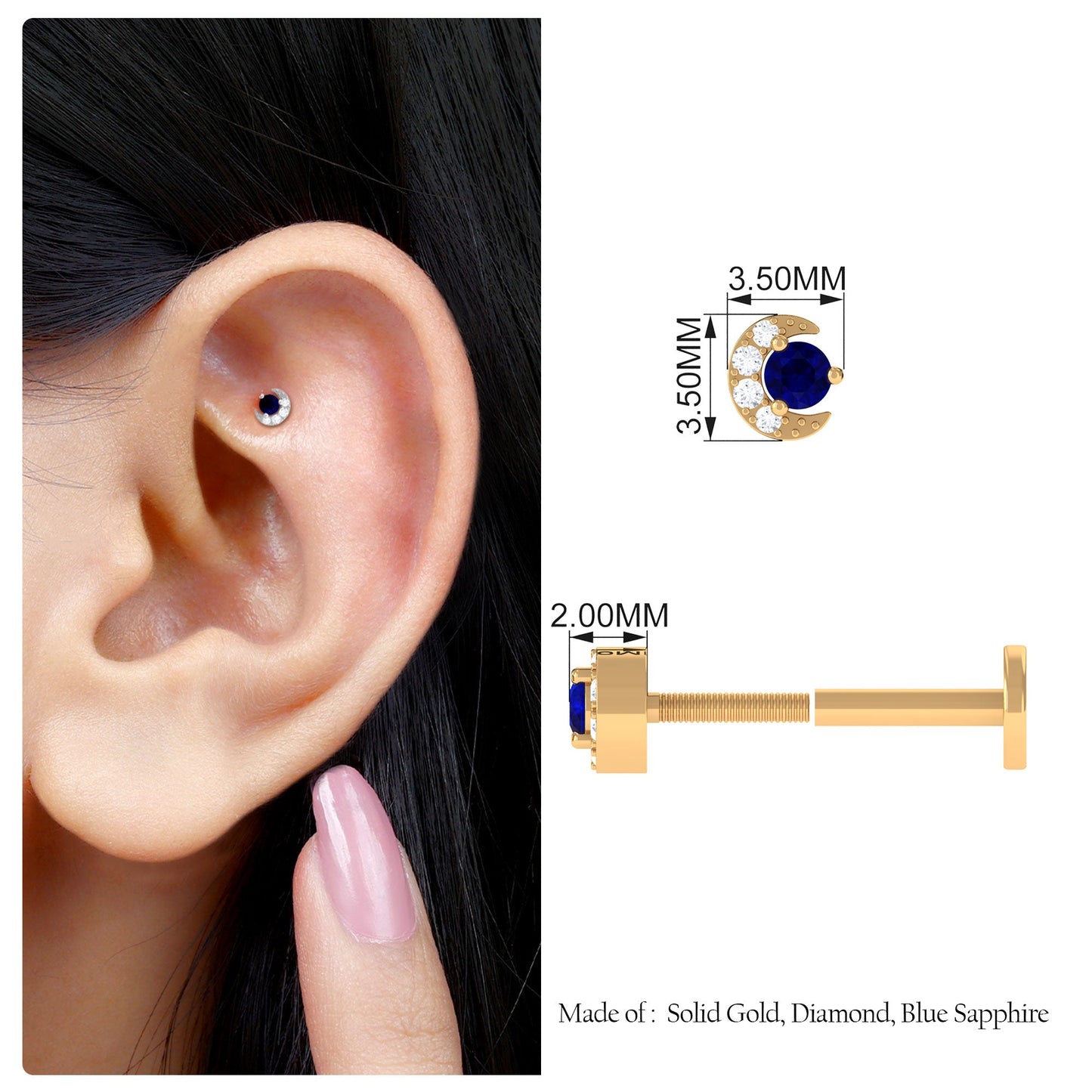 Dainty Blue Sapphire and Diamond Moon Helix Earring