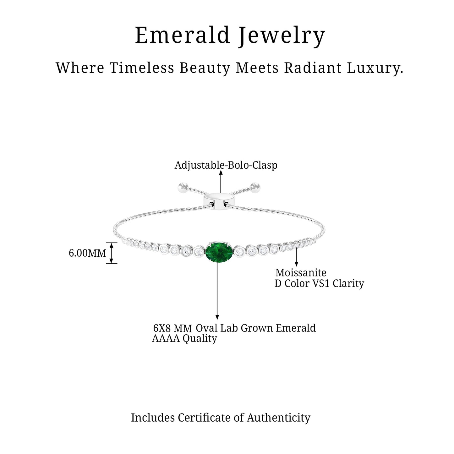 Certified 6X8 MM Oval Lab Grown Emerald Bolo Bracelet