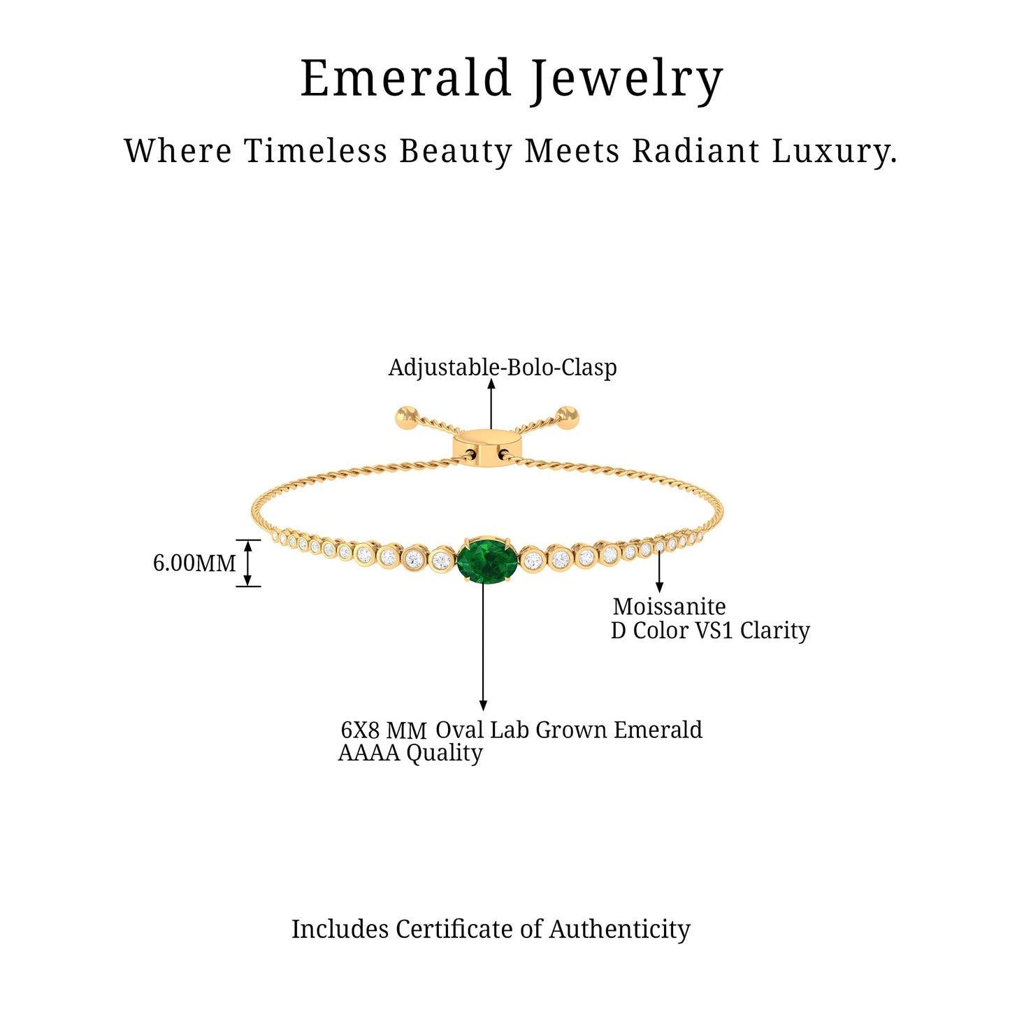 Certified 6X8 MM Oval Lab Grown Emerald Bolo Bracelet