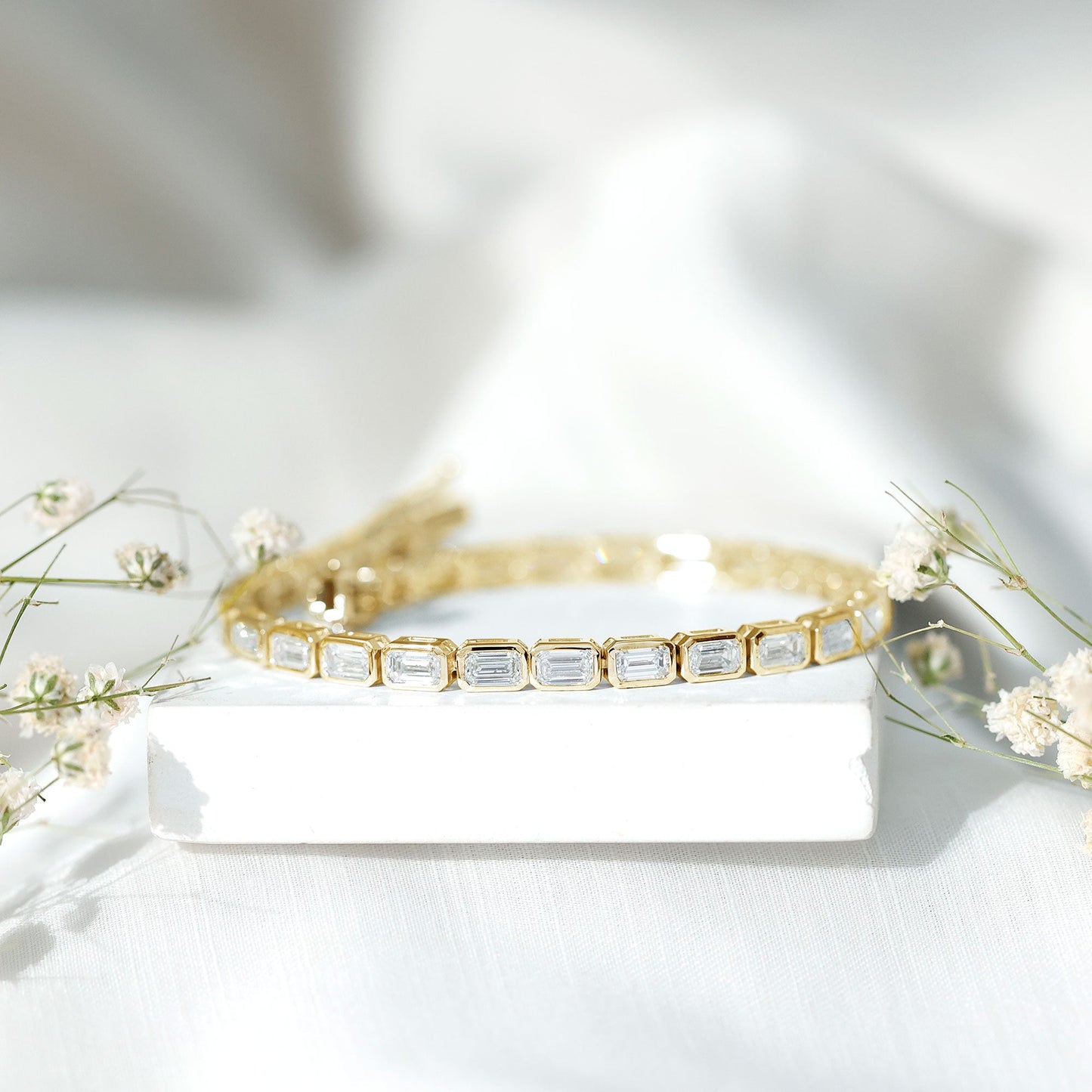 Emerald Cut 3X5 MM Lab Grown Diamond Tennis Bracelet in Bezel Setting