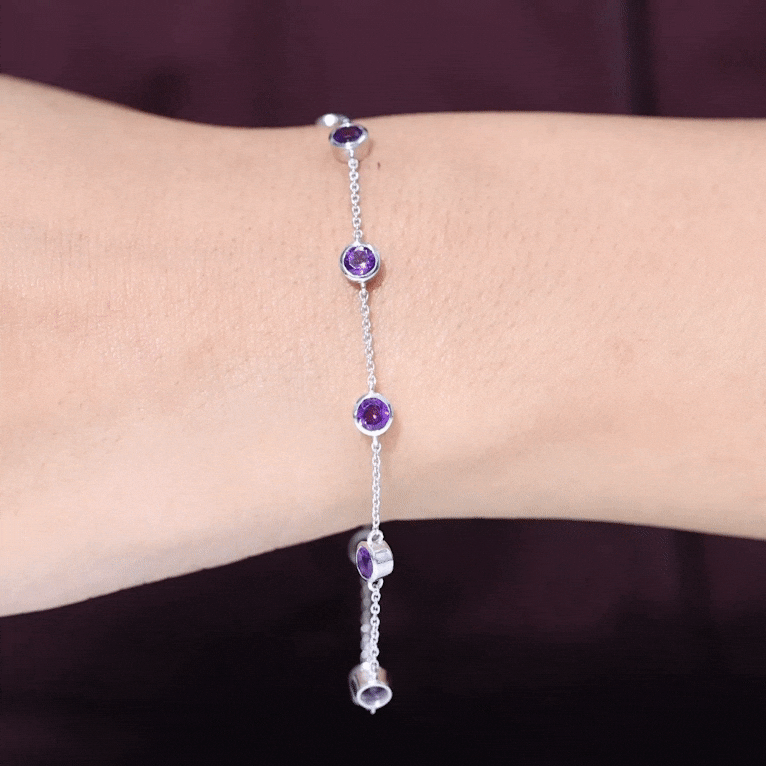 Bezel Set 4 Carat Amethyst Station Chain Bracelet for Women