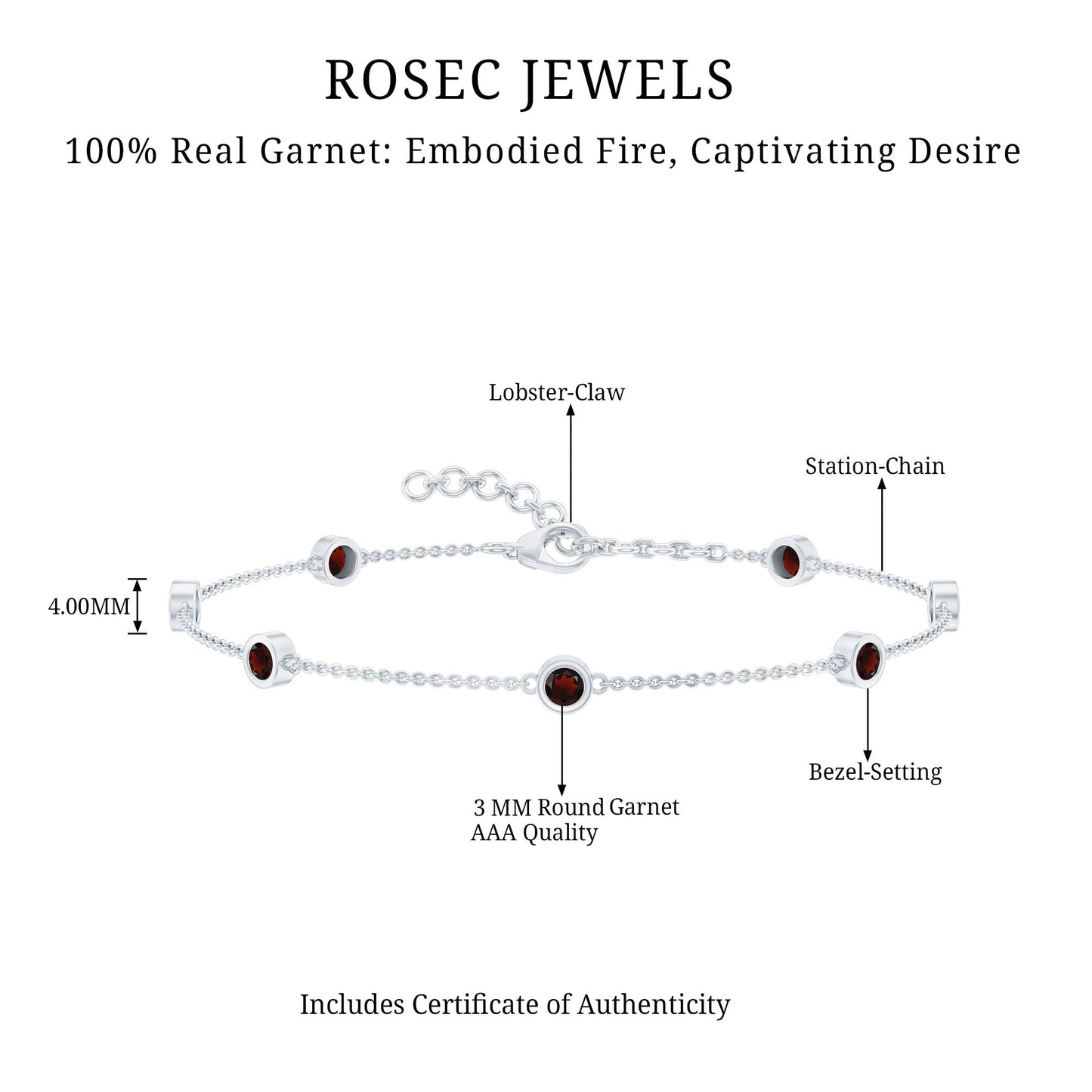Bezel Set Garnet Seven Stone Station Chain Bracelet
