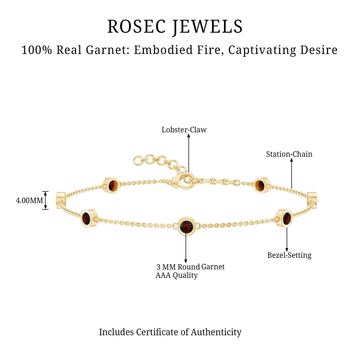 Bezel Set Garnet Seven Stone Station Chain Bracelet