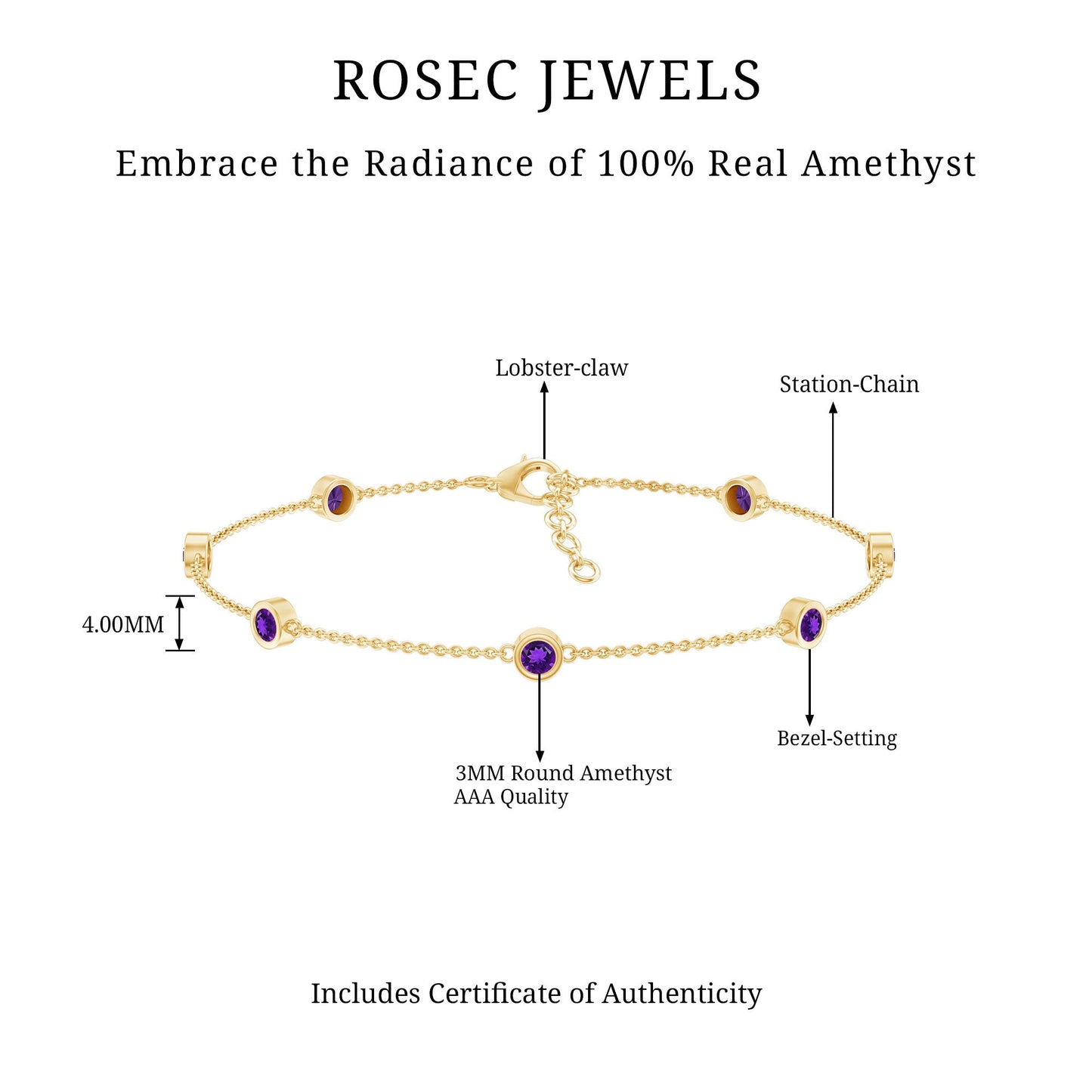 Real Amethyst Chain Bracelet in Bezel Setting