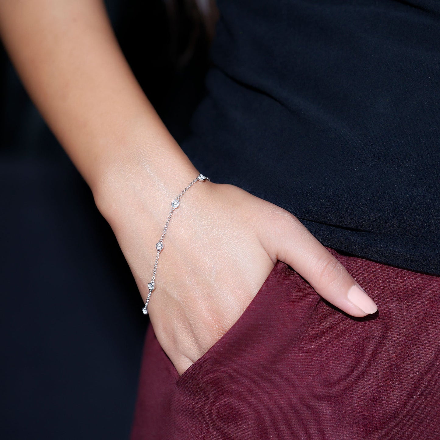 Bezel Set Moissanite Station Bracelet in Silver for Women