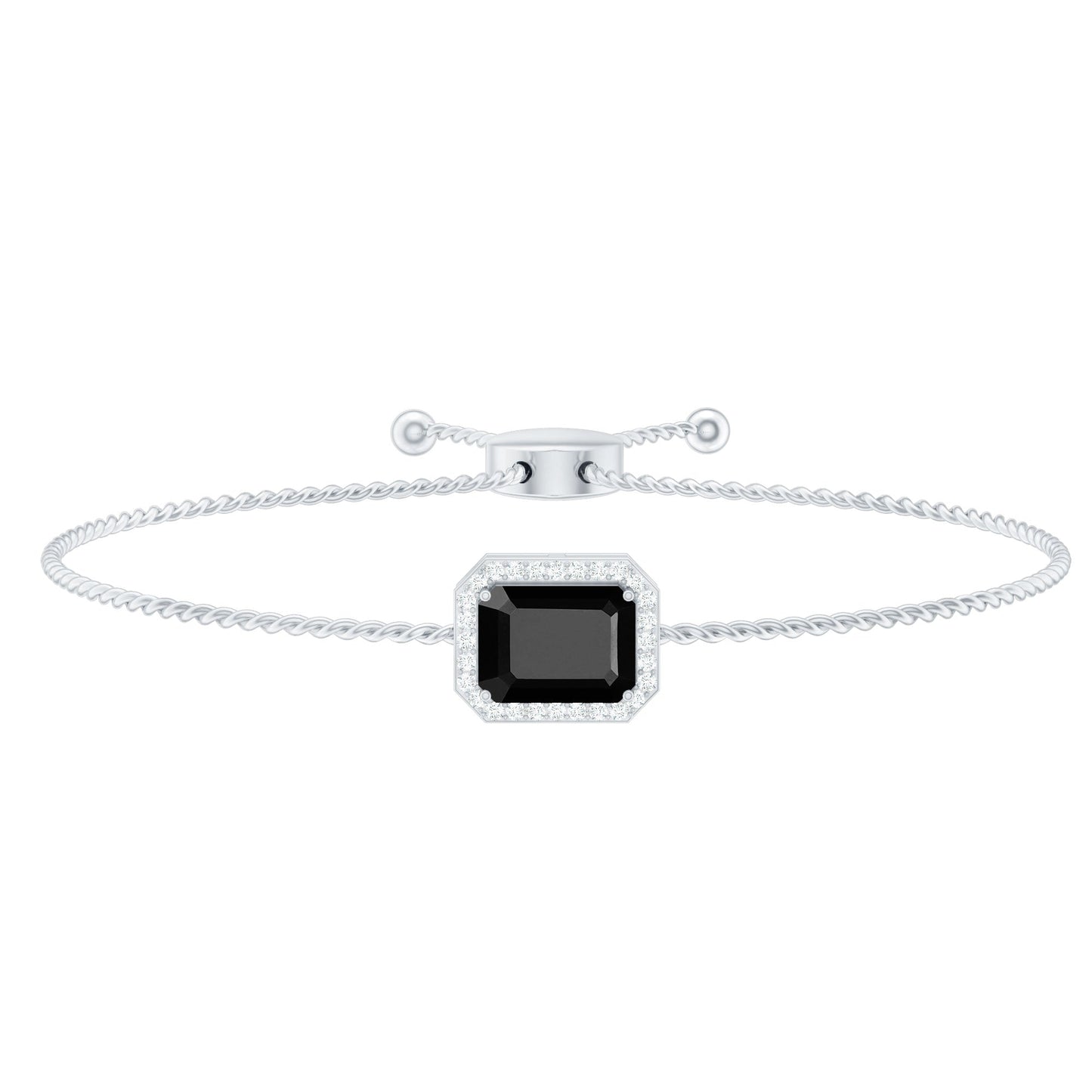 Natural 1.8 Carat Emerald Cut Black Onyx Bolo Bracelet with Diamond Halo