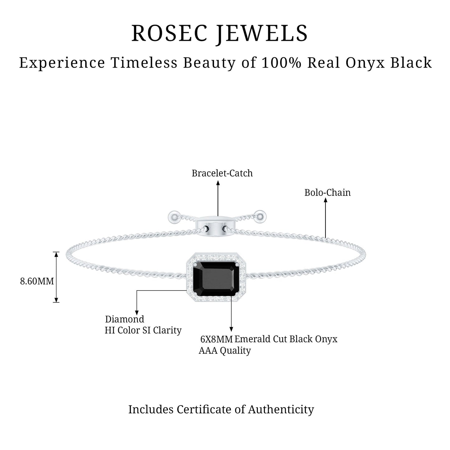 Natural 1.8 Carat Emerald Cut Black Onyx Bolo Bracelet with Diamond Halo