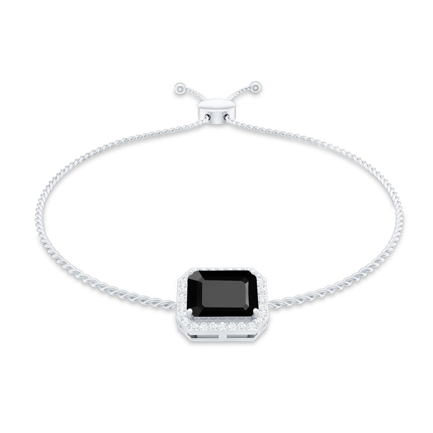 Natural 1.8 Carat Emerald Cut Black Onyx Bolo Bracelet with Diamond Halo