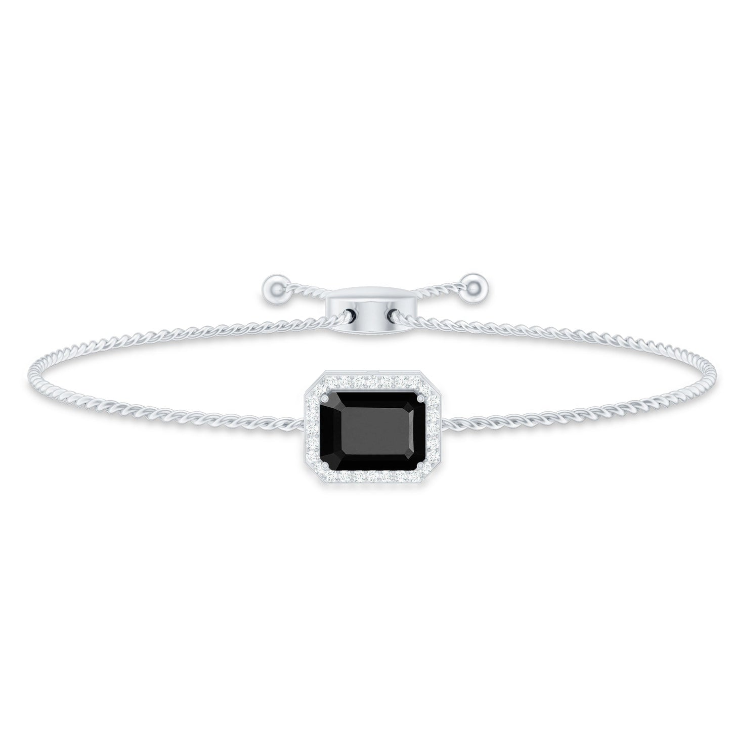 Natural 1.8 Carat Emerald Cut Black Onyx Bolo Bracelet with Diamond Halo