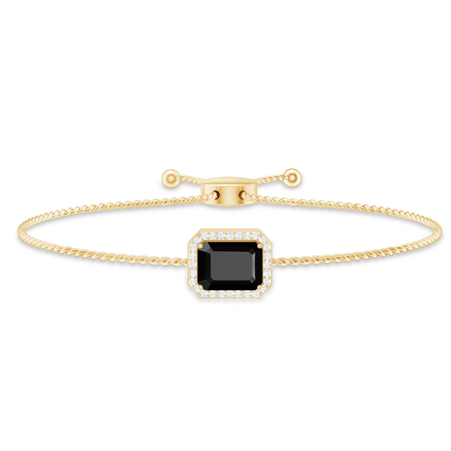 Natural 1.8 Carat Emerald Cut Black Onyx Bolo Bracelet with Diamond Halo