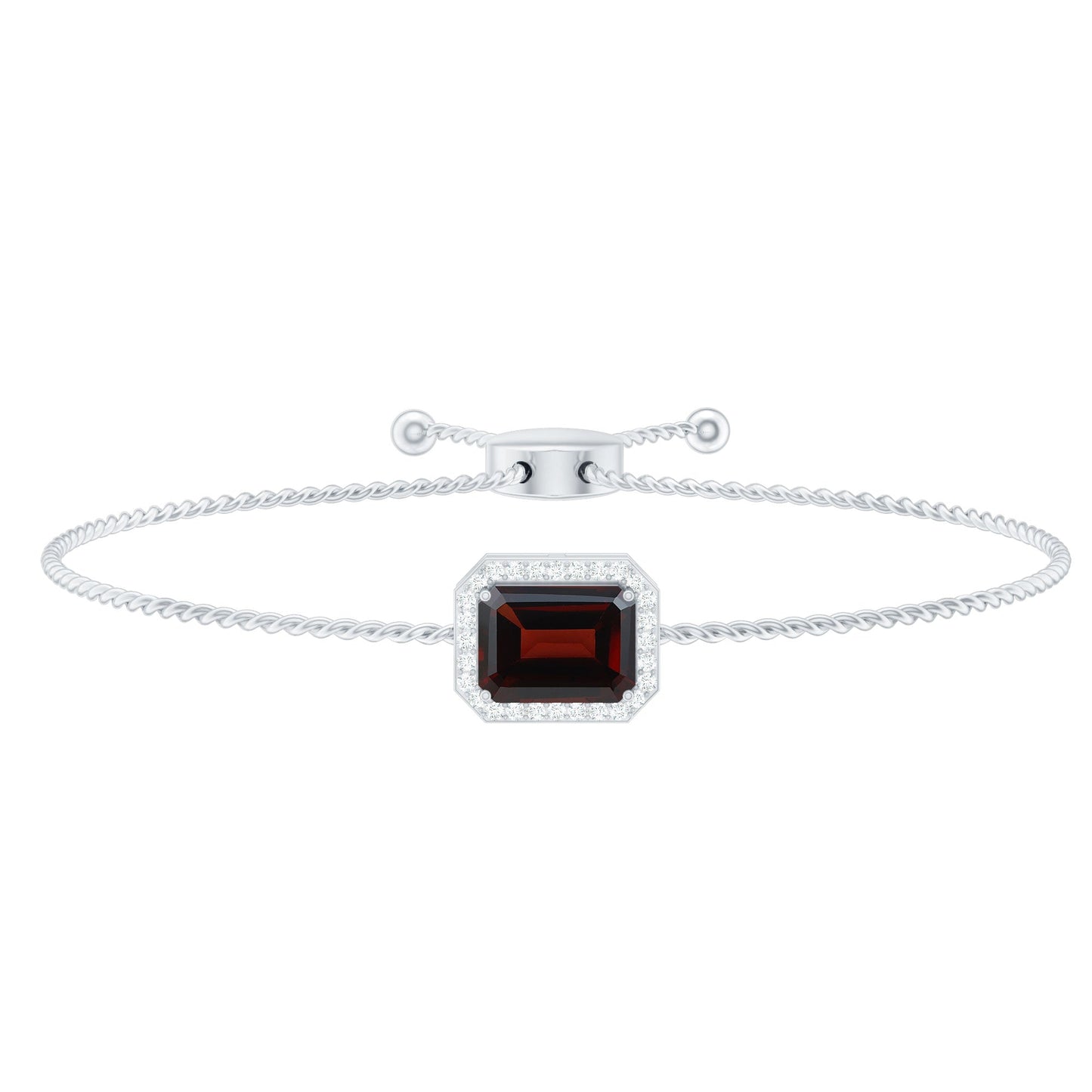 Real 2 Carat Emerald Cut Garnet Bolo Bracelet with Diamond Halo