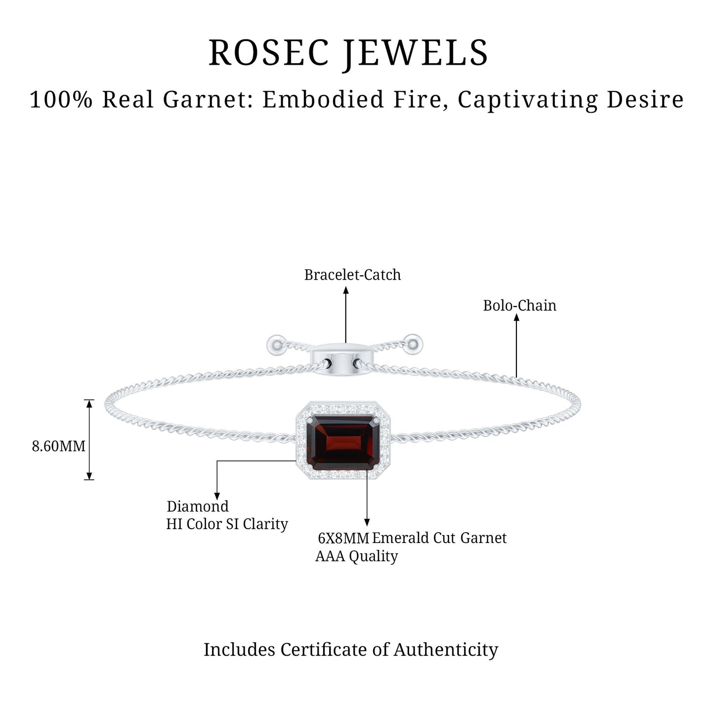 Real 2 Carat Emerald Cut Garnet Bolo Bracelet with Diamond Halo