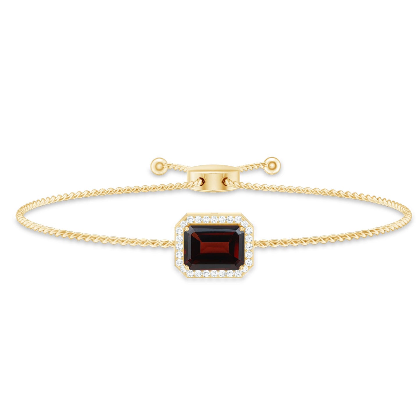 Real 2 Carat Emerald Cut Garnet Bolo Bracelet with Diamond Halo