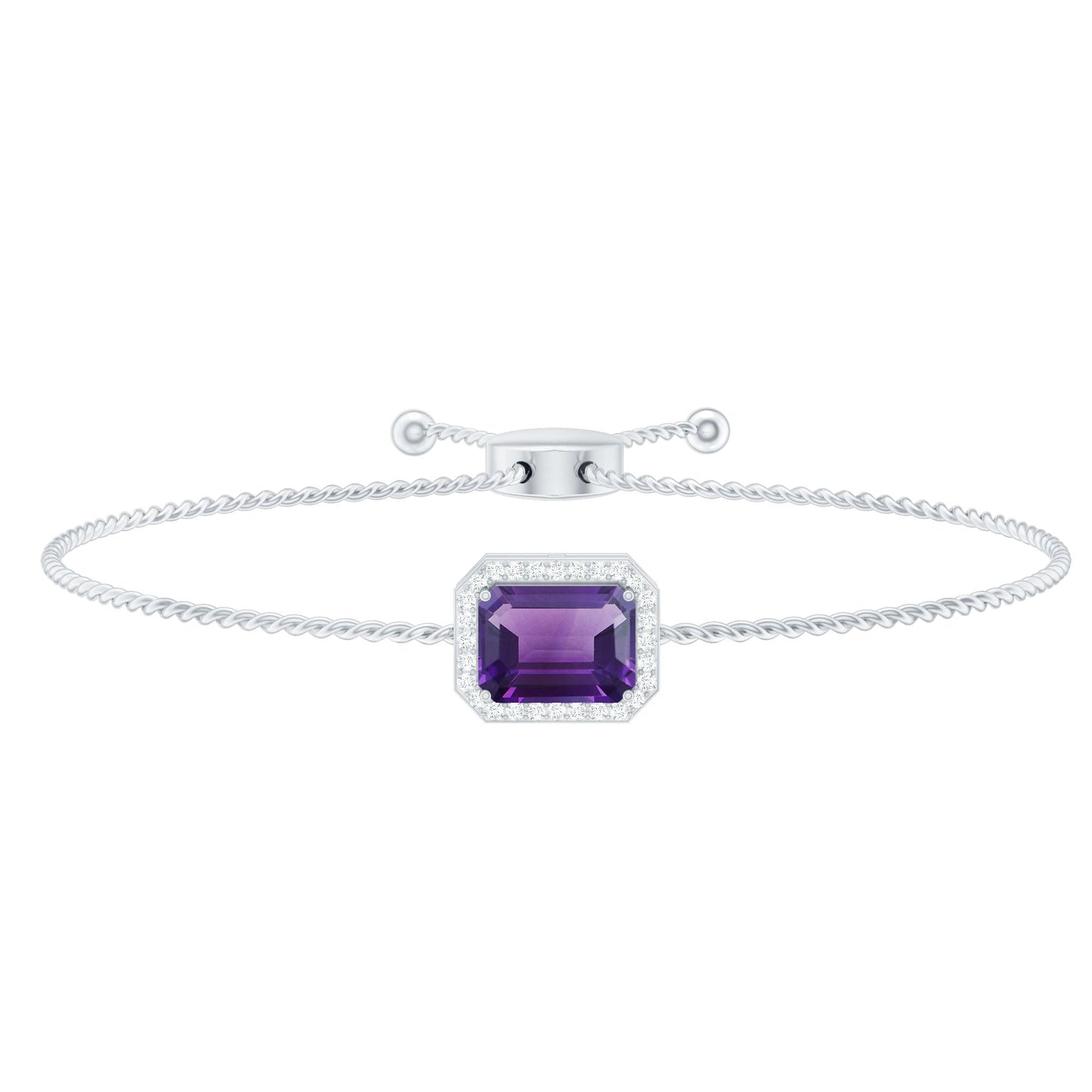 Natural 1.4 Carat Emerald Cut Amethyst Diamond Bolo Bracelet