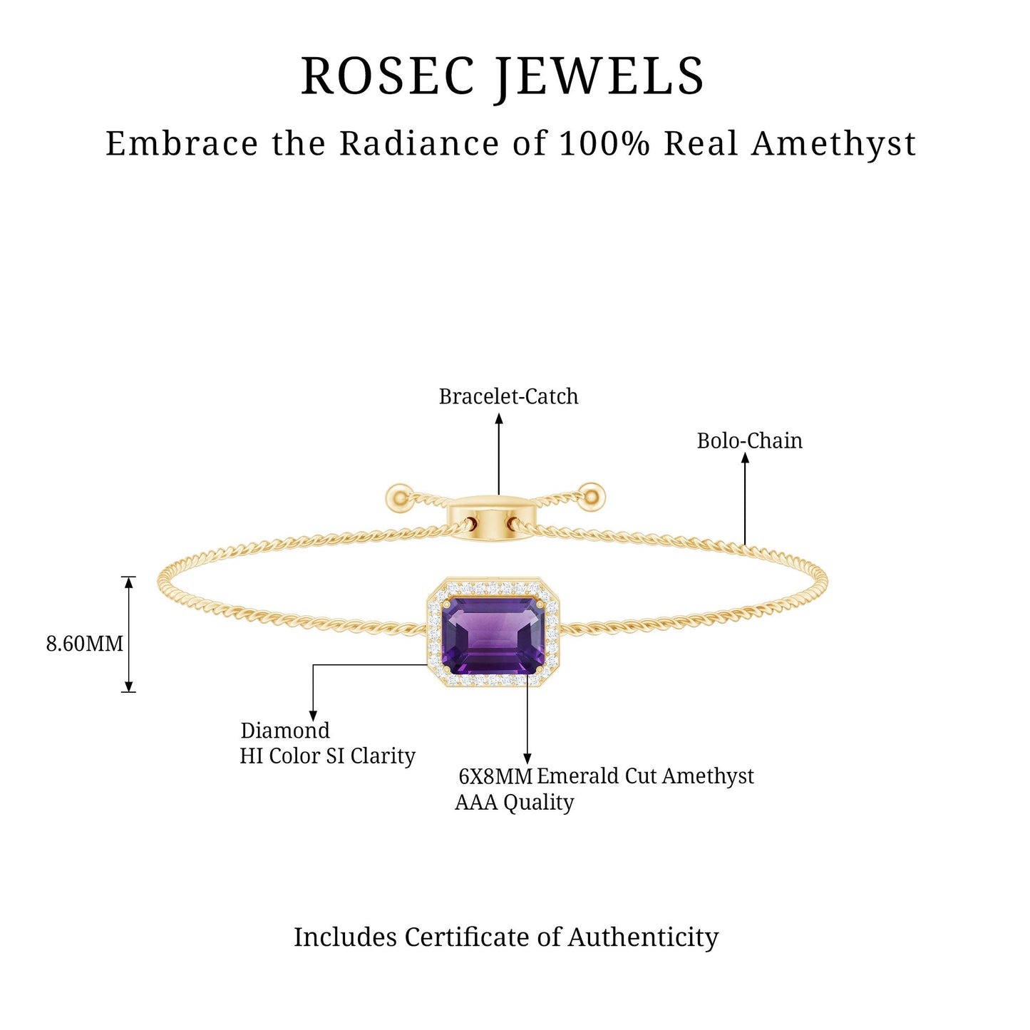 Natural 1.4 Carat Emerald Cut Amethyst Diamond Bolo Bracelet