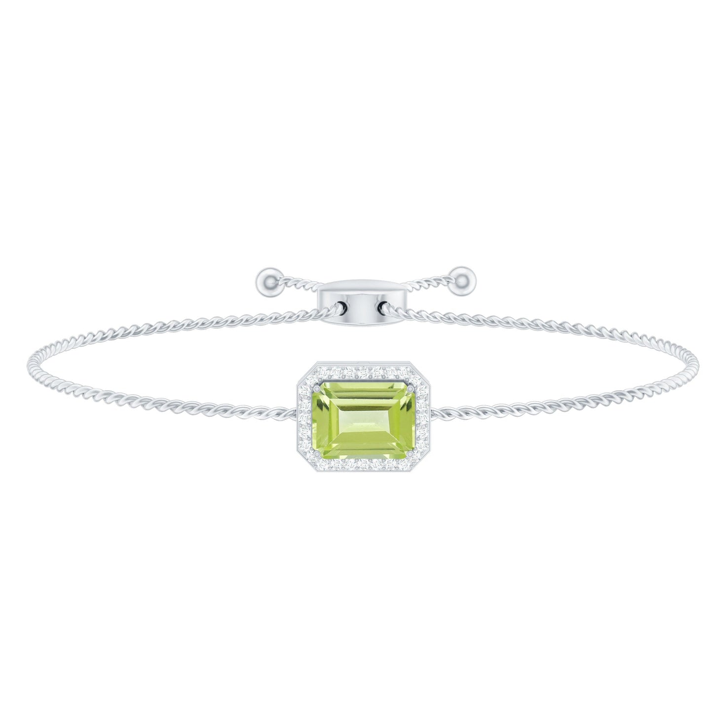 1.8 Carat Emerald Cut Peridot and Diamond Bolo Chain Bracelet