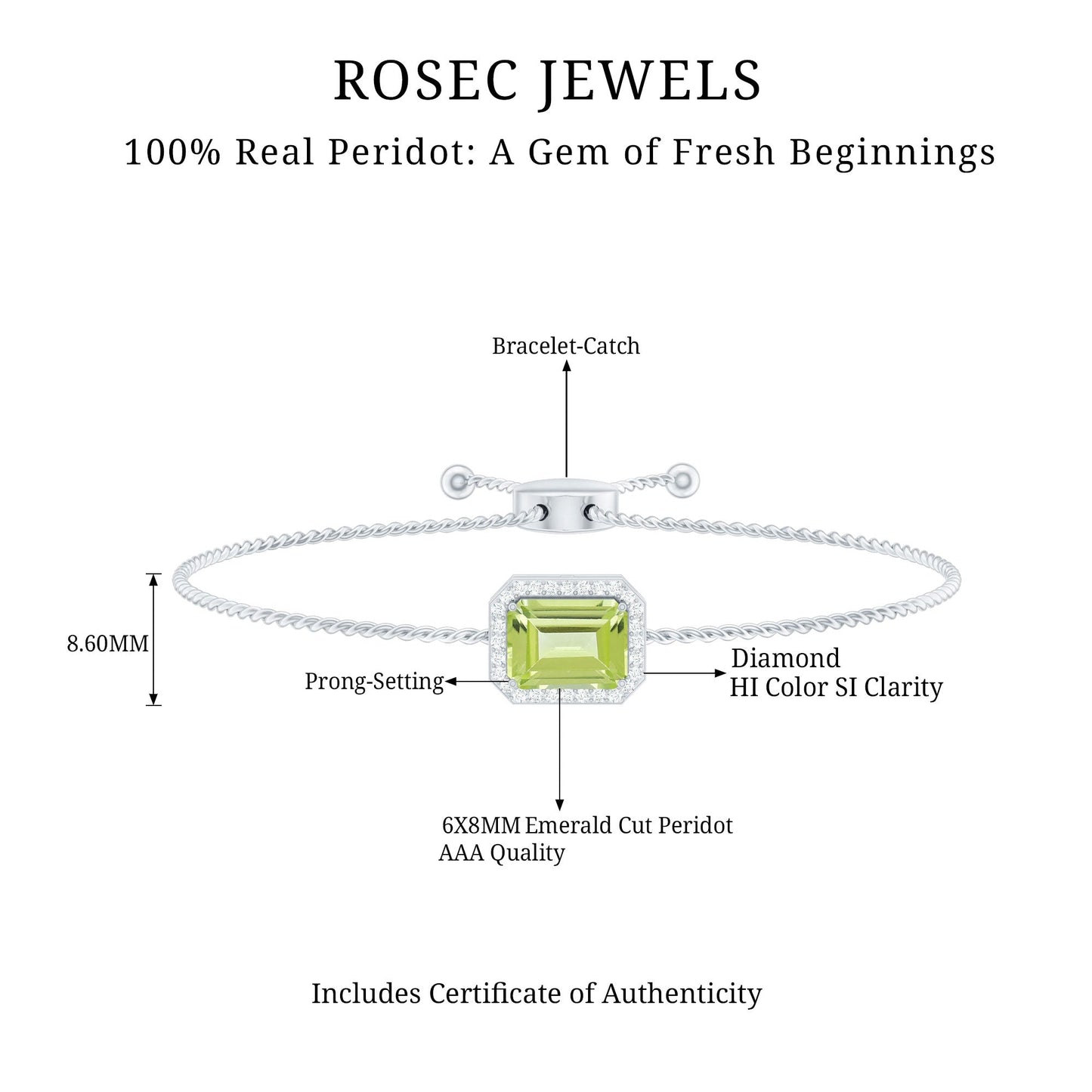1.8 Carat Emerald Cut Peridot and Diamond Bolo Chain Bracelet