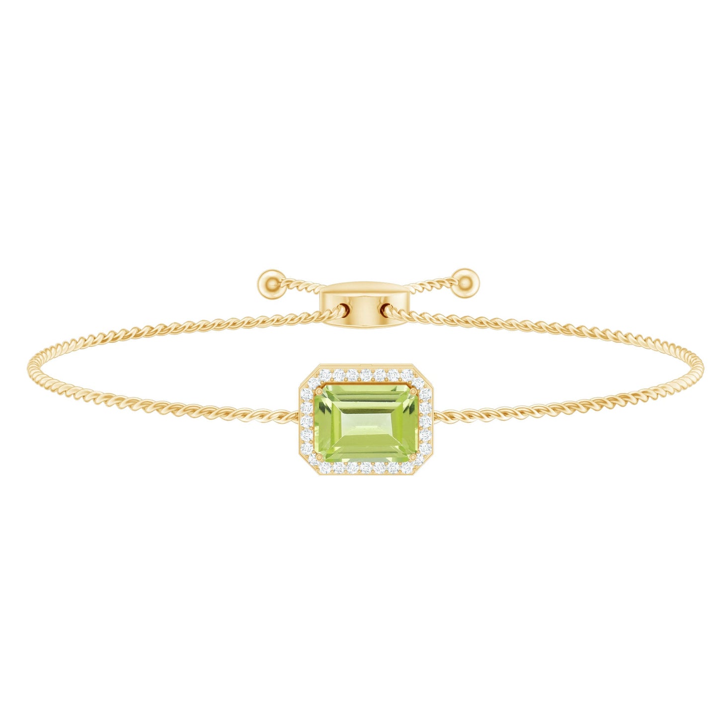 1.8 Carat Emerald Cut Peridot and Diamond Bolo Chain Bracelet