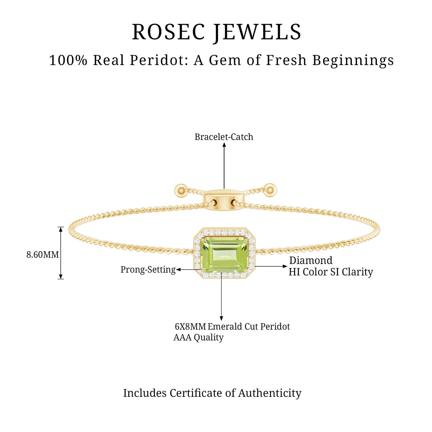 1.8 Carat Emerald Cut Peridot and Diamond Bolo Chain Bracelet