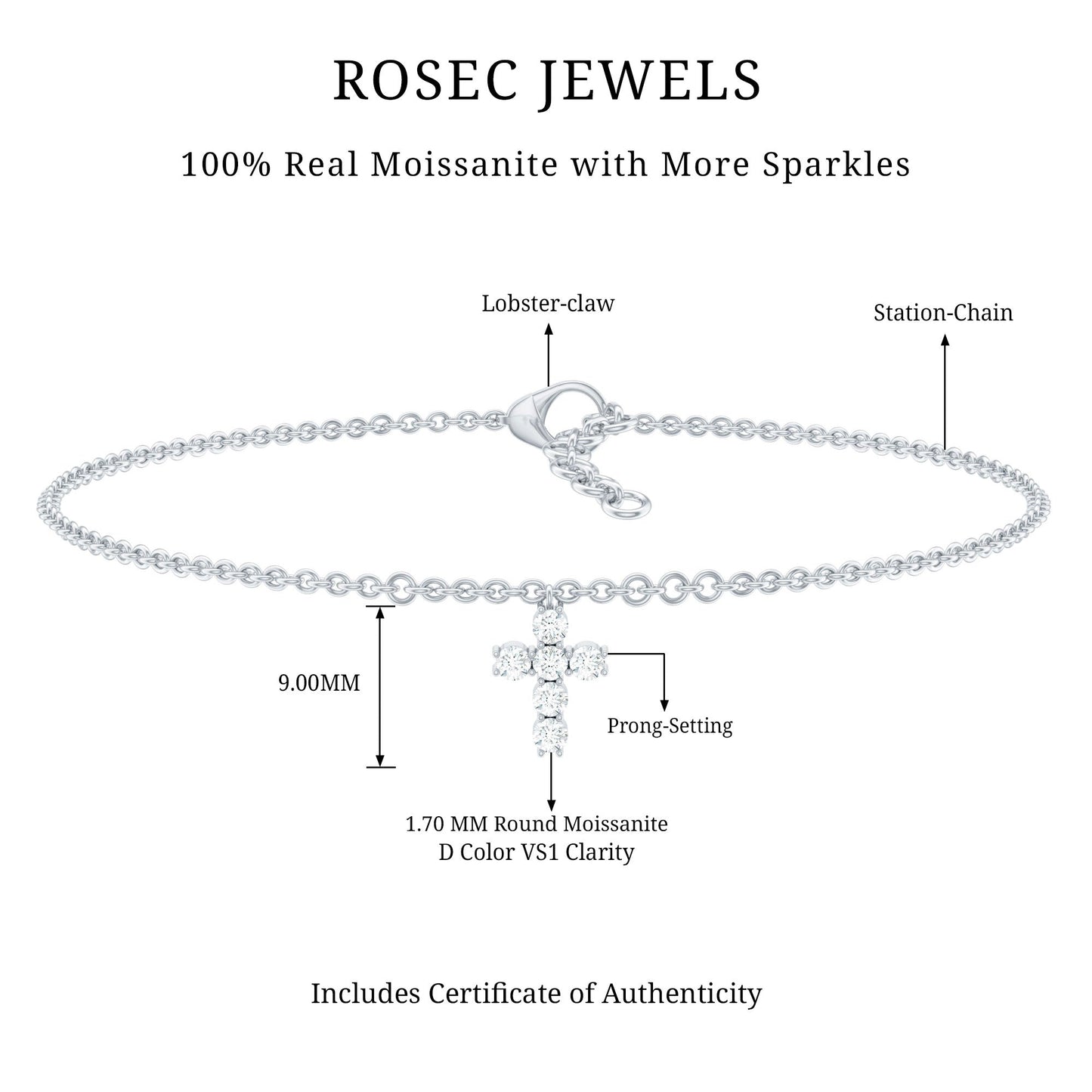Certified Moissanite Cross Charm Chain Bracelet for Women