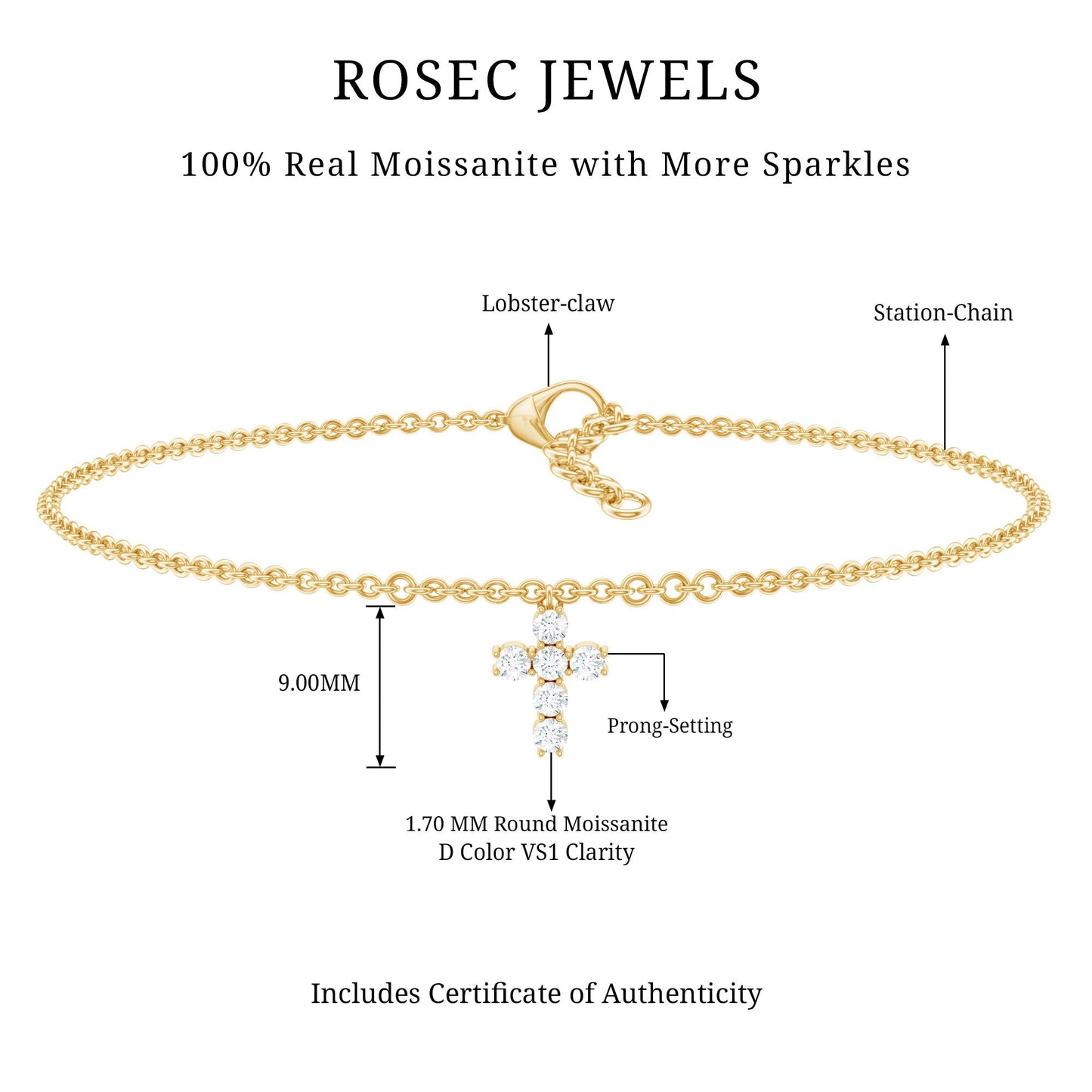 Certified Moissanite Cross Charm Chain Bracelet for Women