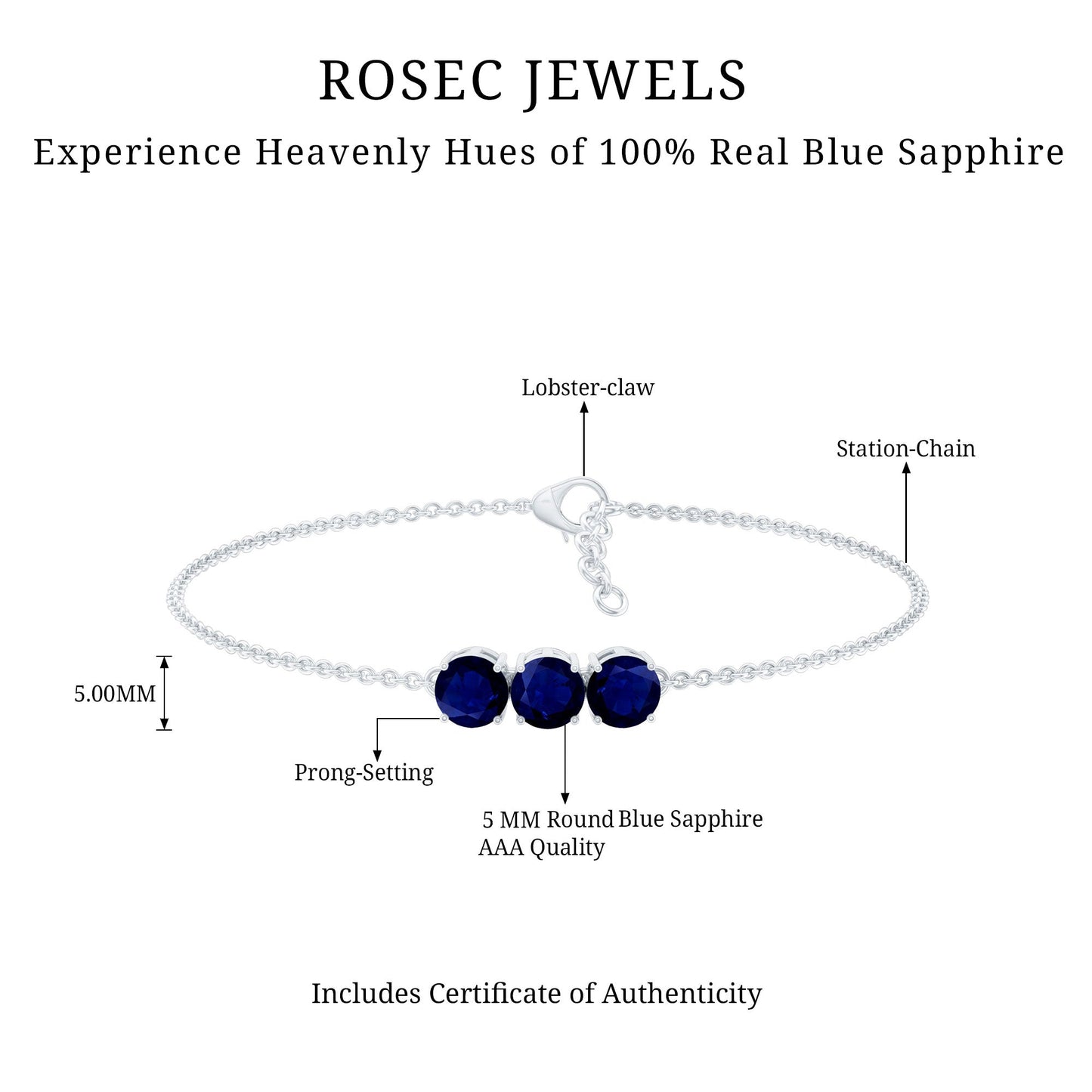 Natural 2.85 Carat Blue Sapphire Three Stone Chain Bracelet