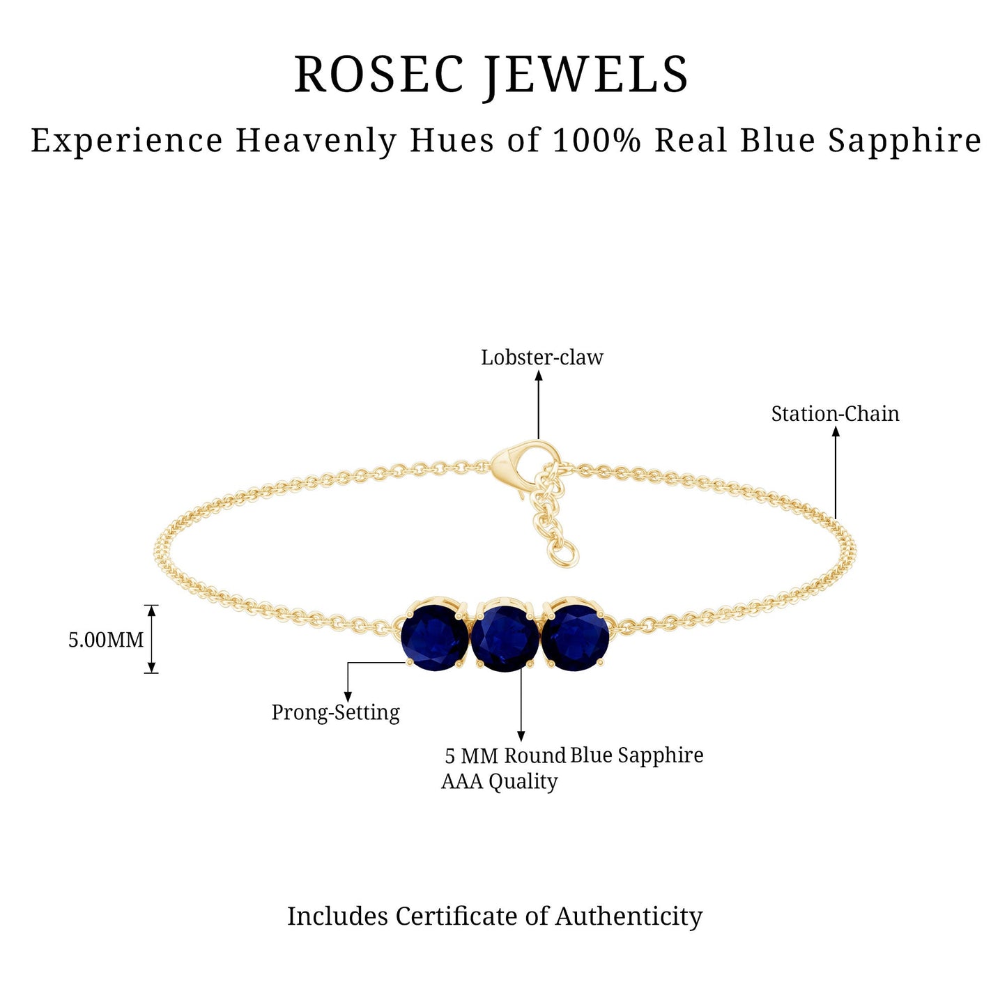 Natural 2.85 Carat Blue Sapphire Three Stone Chain Bracelet