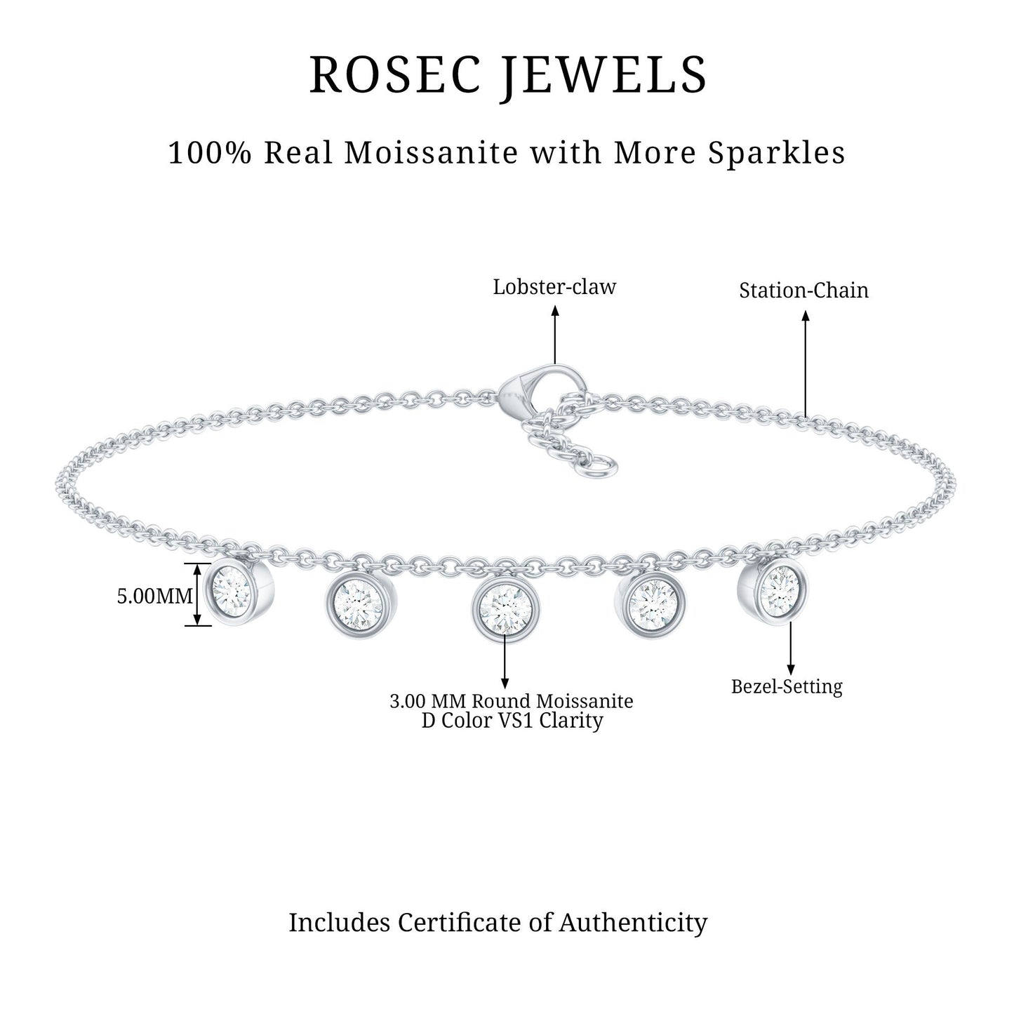 Certified Moissanite Five Stone Chain Charm Bracelet
