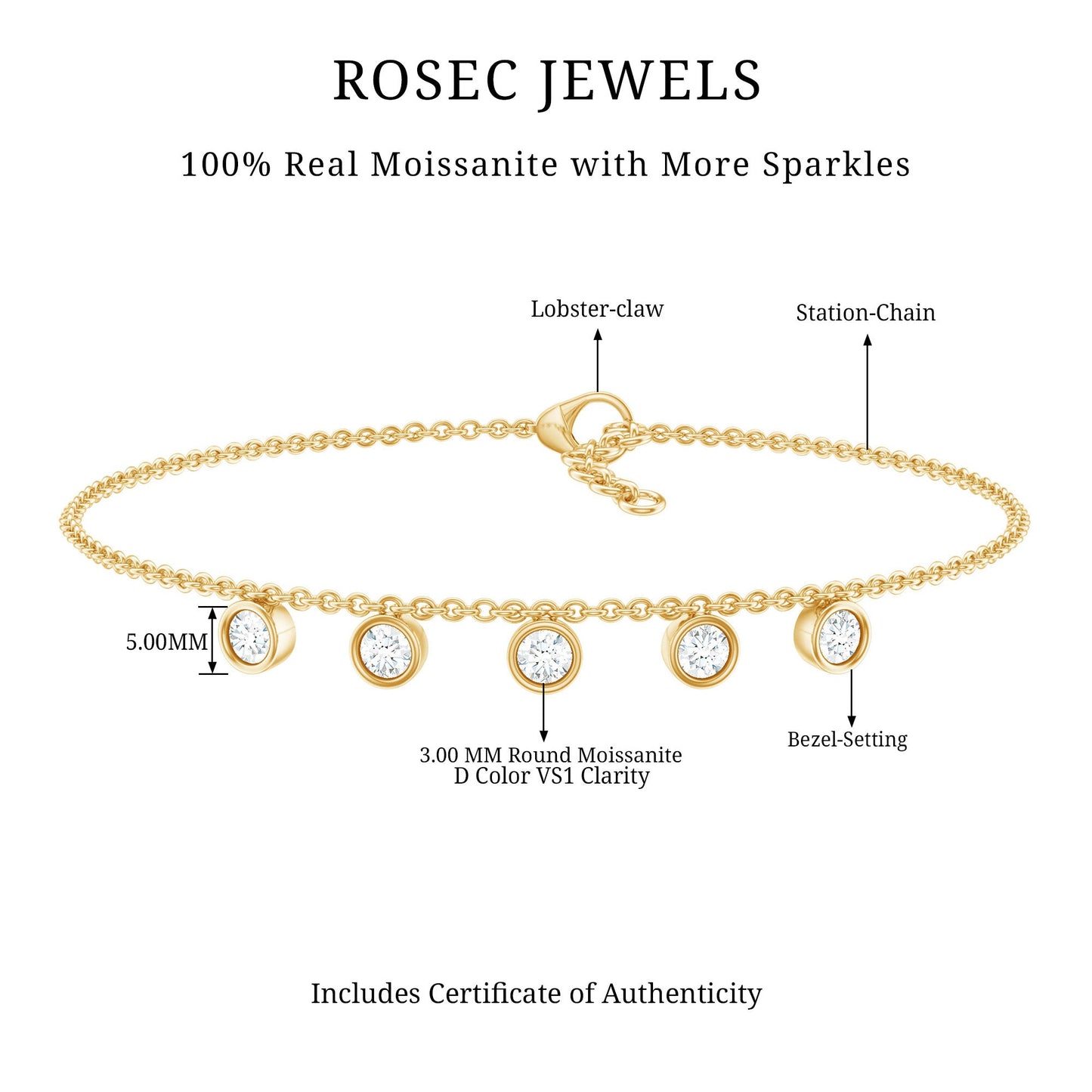 Certified Moissanite Five Stone Chain Charm Bracelet